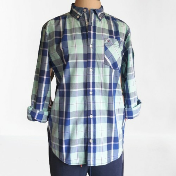 Tommy Hilfiger Mint Green & Navy Plaid Button-Up 100% Cotton Polo Big Boy Lg - Picture 9 of 10